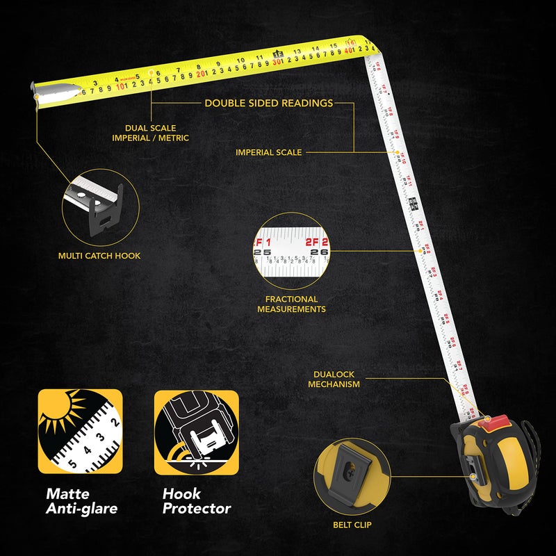 LEXIVON [3-Pack] 25Ft/7.5m DuaLock Tape Measure | 1-Inch Wide Blade with Nylon Coating, Matte Finish White & Yellow Dual Sided Rule Print | Ft/Inch/Fractions/Metric (LX-206X3) - Image 3
